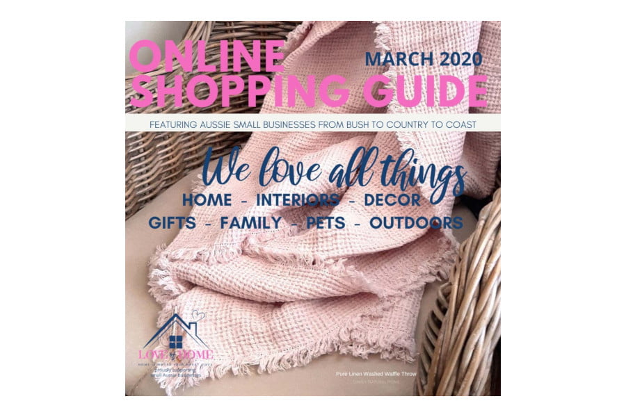 Cover of the Love of Home March 2020 online shopping guide featuring a pink throw blanket and wicker basket, highlighting Aussie small businesses.