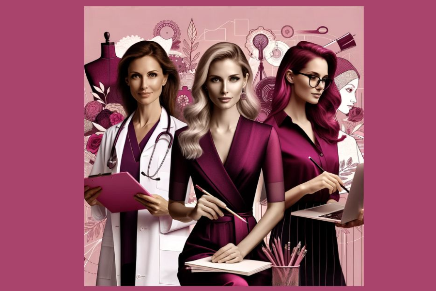Three professional women in dark pink attire against a pink background, representing different careers: a doctor with a clipboard, a blonde fashion designer with a sketchpad, and a programmer at her laptop.