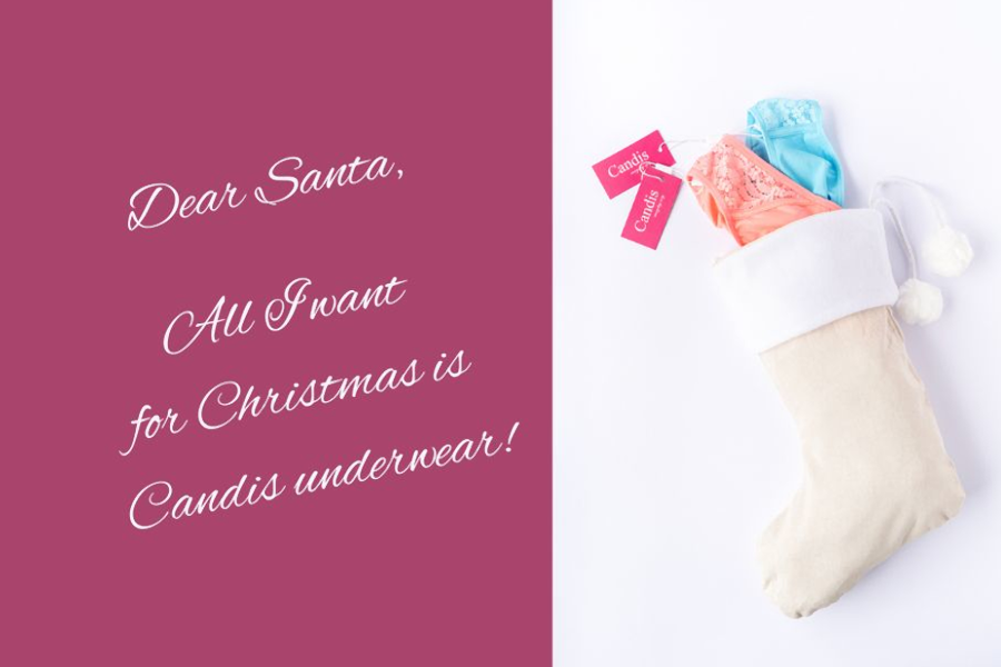 Christmas stocking filled with Candis underwear next to a message to Santa.