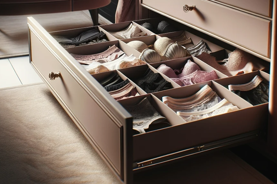 Open underwear drawer with neatly organized compartments filled with women's lingerie in shades of dark pink and neutrals.